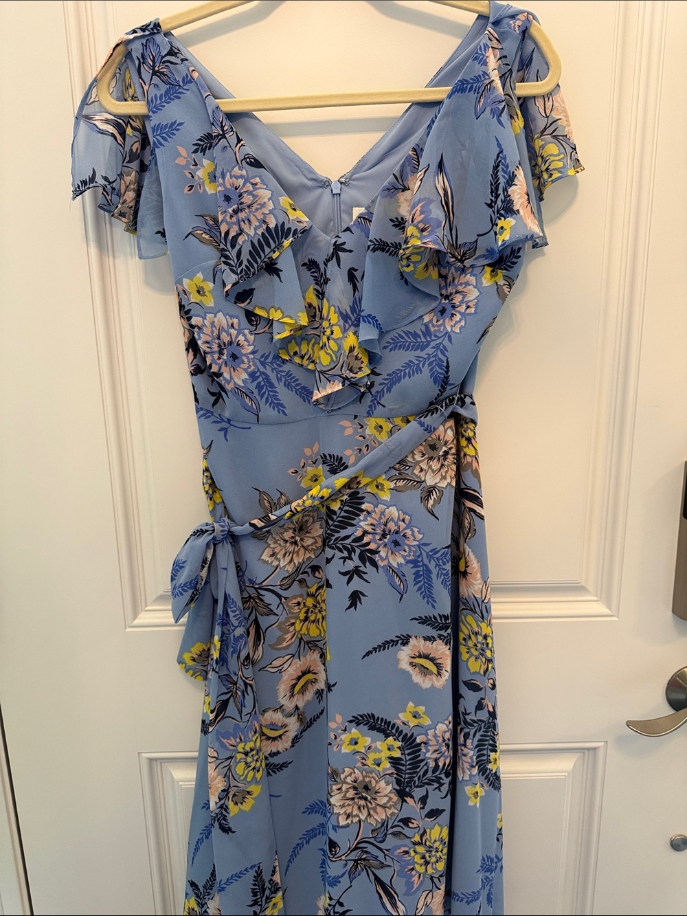 Eliza J Powder Blue Floral Wrap Maxi Dress with Flutter Sleeves